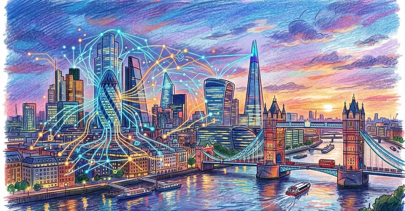 Pencil-crayon illustration of London skyline with AI neural network overlay connecting financial district buildings