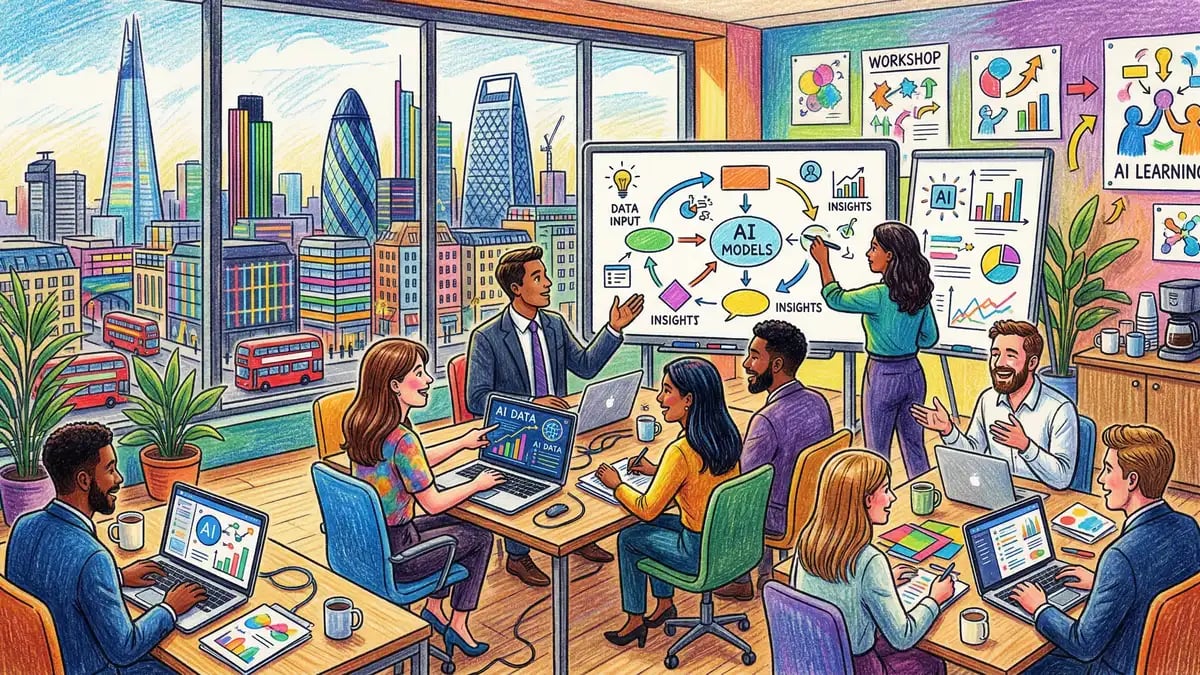 Pencil-crayon illustration of London financial professionals in an AI workshop with interactive whiteboards