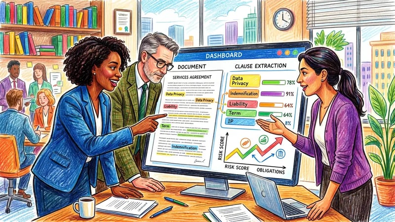 Legal professionals reviewing AI contract analysis dashboard with document highlights and clause extraction visualisation