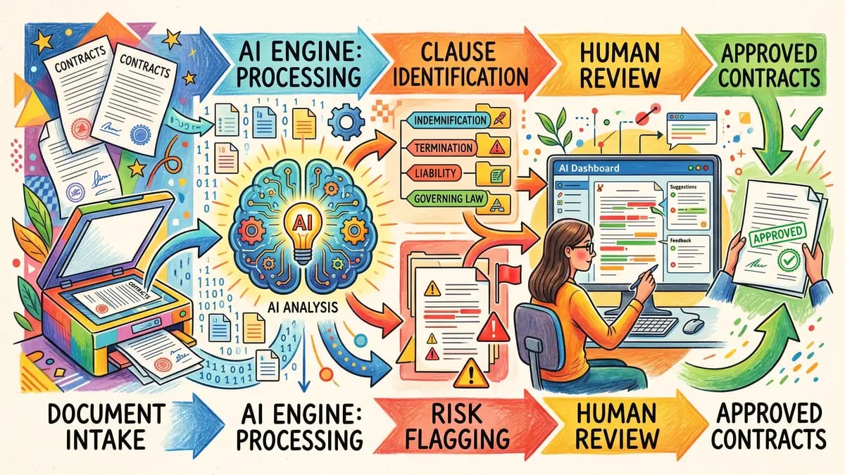 AI-powered contract review workflow showing document intake, clause identification, risk flagging, and human review stages