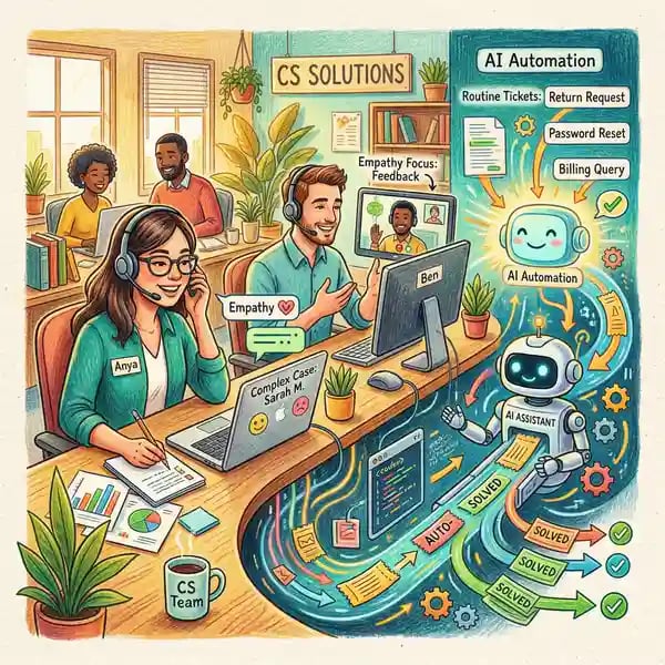 Customer service team collaborating with AI automation