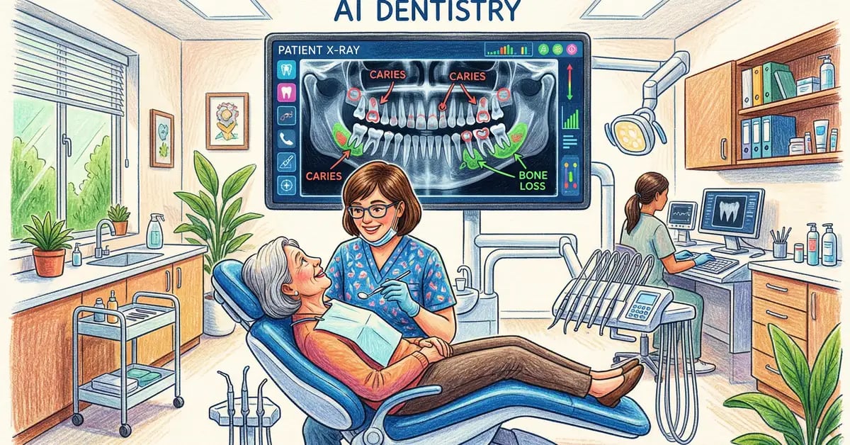AI-powered dental practice showing digital radiograph analysis and treatment planning