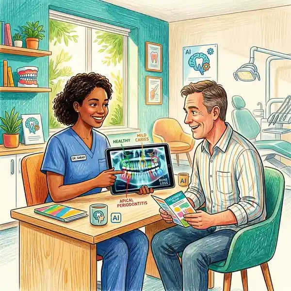 Dentist showing patient AI-annotated dental X-ray results on tablet