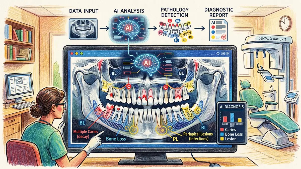 AI-powered dental radiograph analysis with colour-coded pathology detection overlays