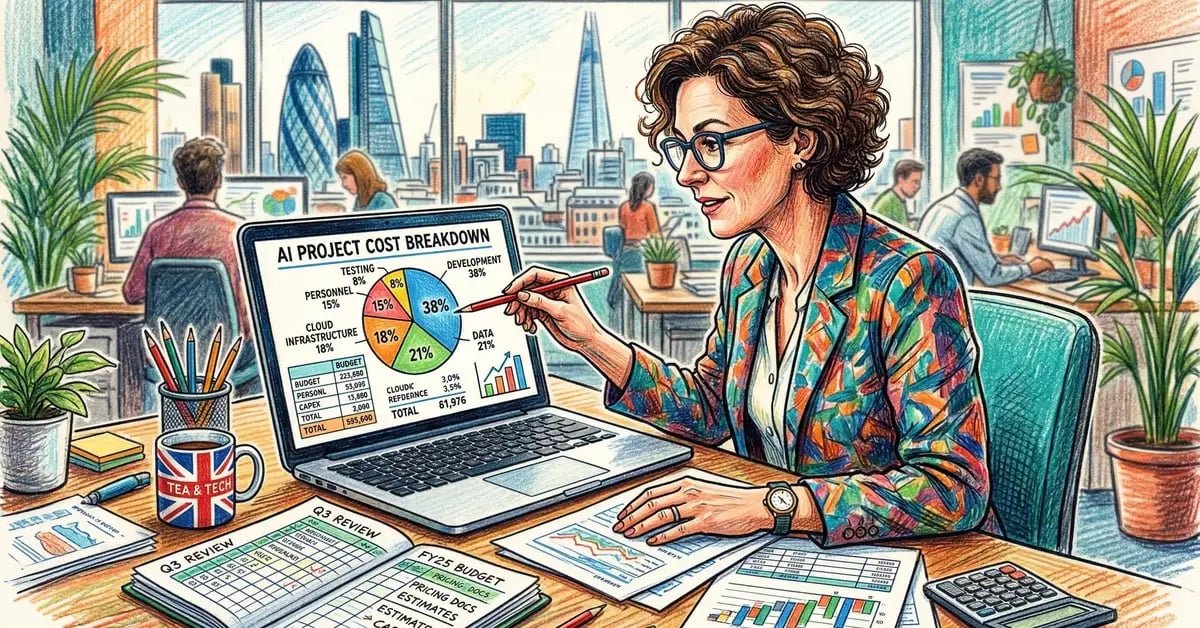 UK business executive reviewing AI project cost breakdown on laptop with budget spreadsheets