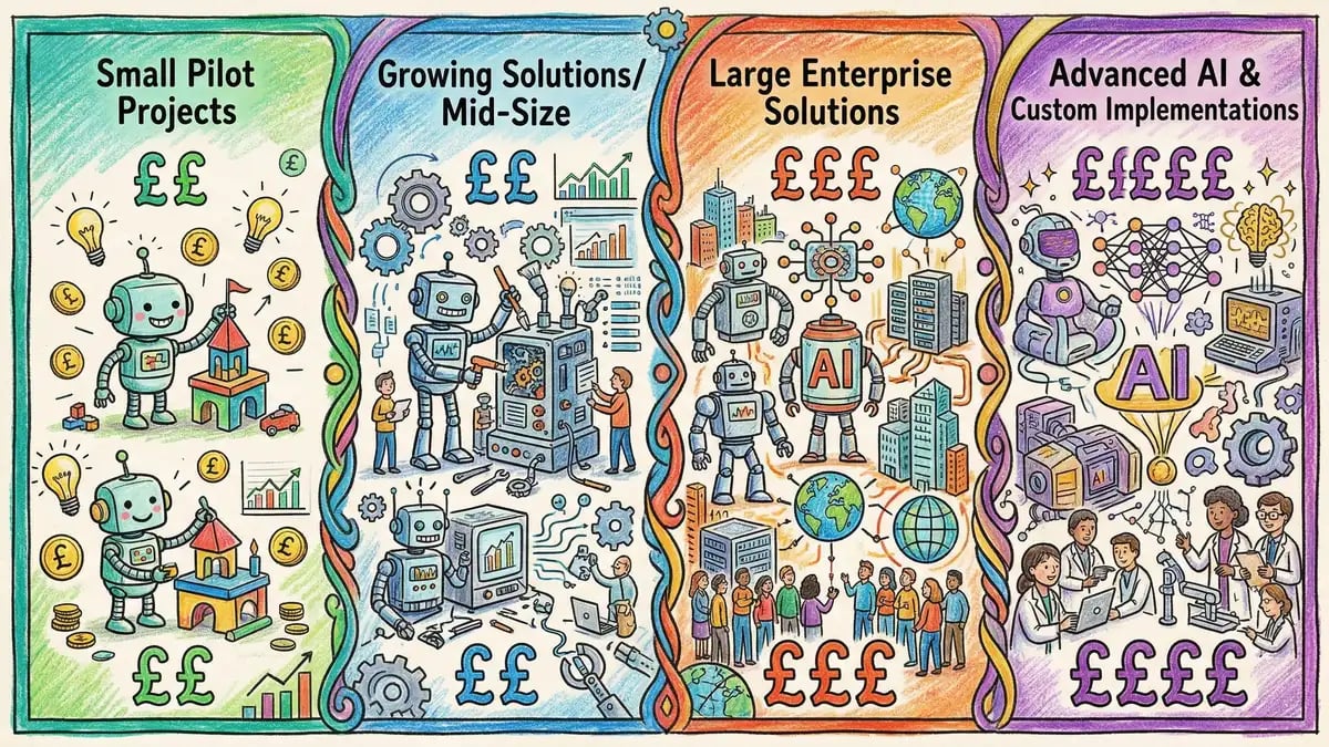 AI development pricing tiers comparison chart showing costs from pilot projects to enterprise implementations