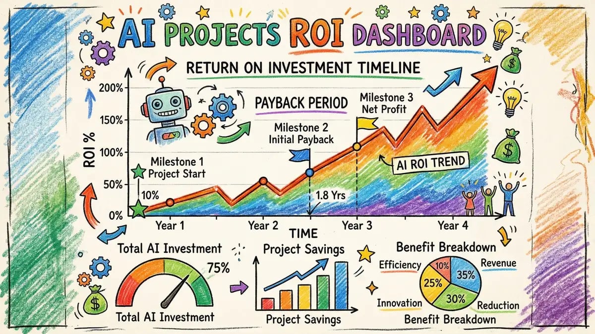 ROI dashboard showing return on investment timeline and payback period milestones for AI development projects