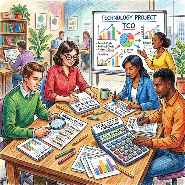 Business team calculating hidden costs and total cost of ownership for AI development project