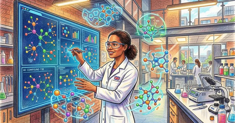 Scientist examining AI-generated molecular structures in a pharmaceutical research laboratory