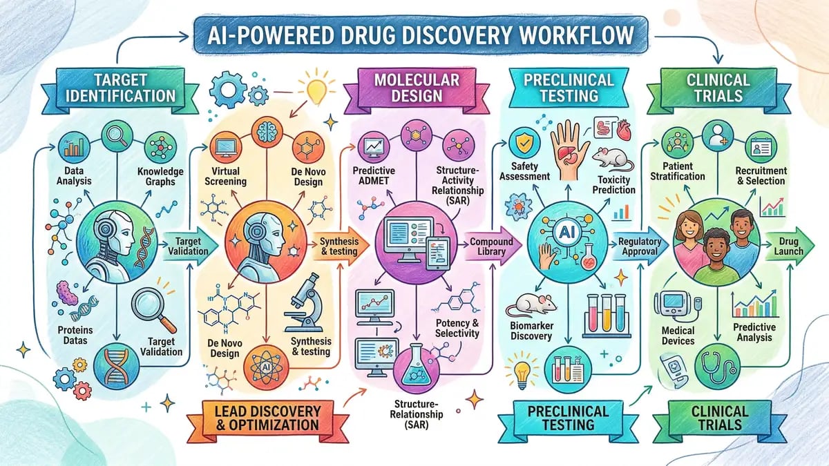 AI drug discovery pipeline workflow diagram showing target identification through clinical trials