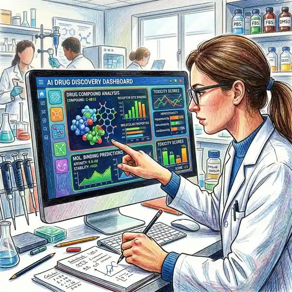 Pharmaceutical researcher reviewing AI drug discovery platform dashboard