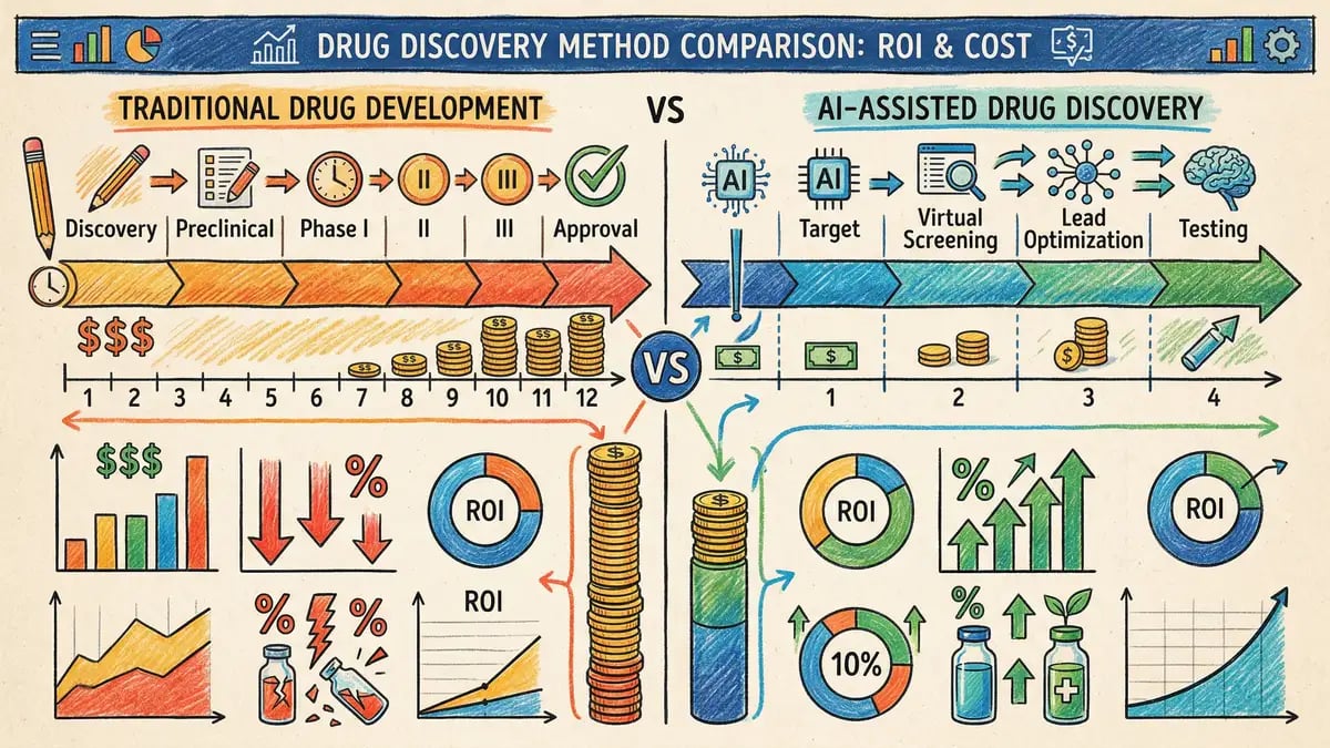 ROI comparison of traditional versus AI-assisted drug discovery timelines and costs