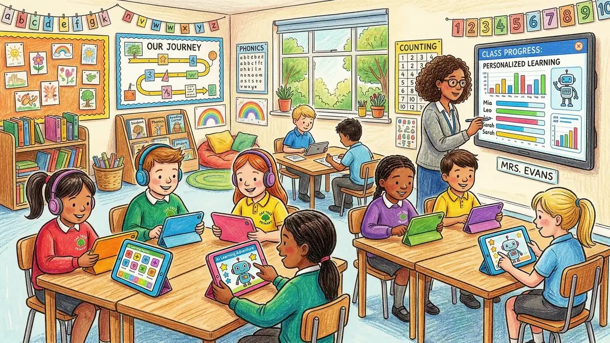 UK primary school classroom with students using AI educational software on tablets