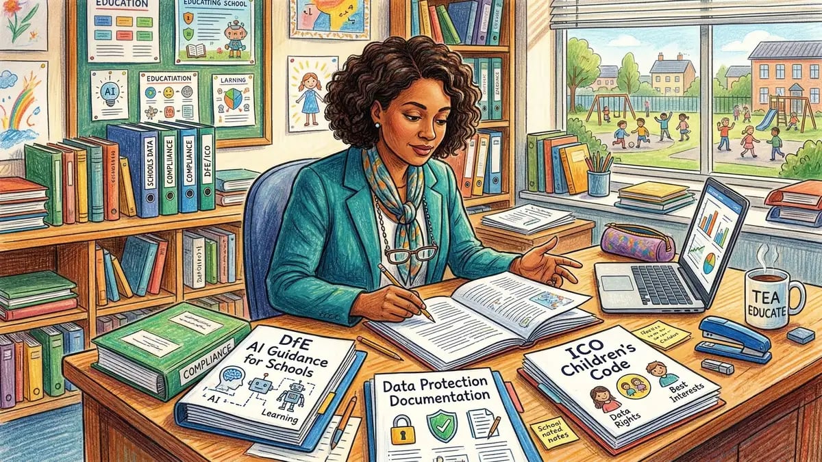 UK education compliance officer reviewing DfE AI guidance and ICO children's code