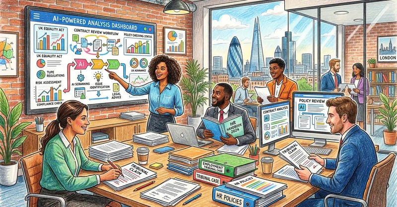 UK employment law team using AI-powered compliance tools to review tribunal documents and HR policies in a modern London office
