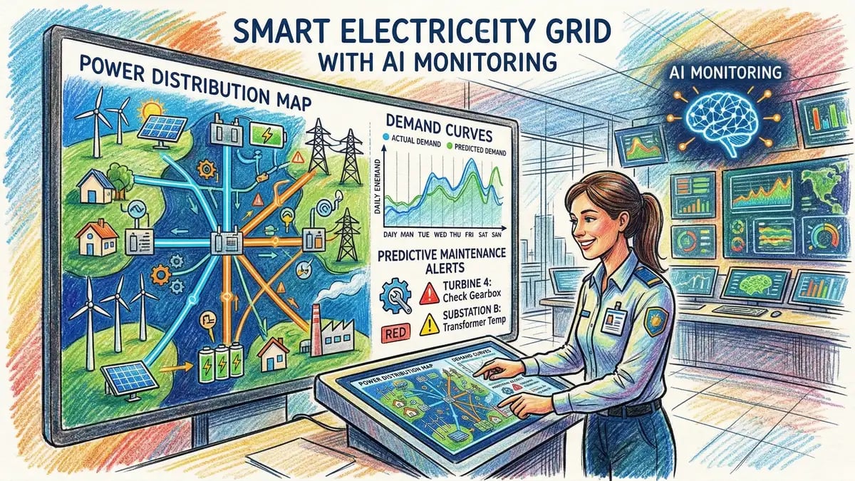 AI-powered smart grid monitoring dashboard showing power distribution and predictive maintenance