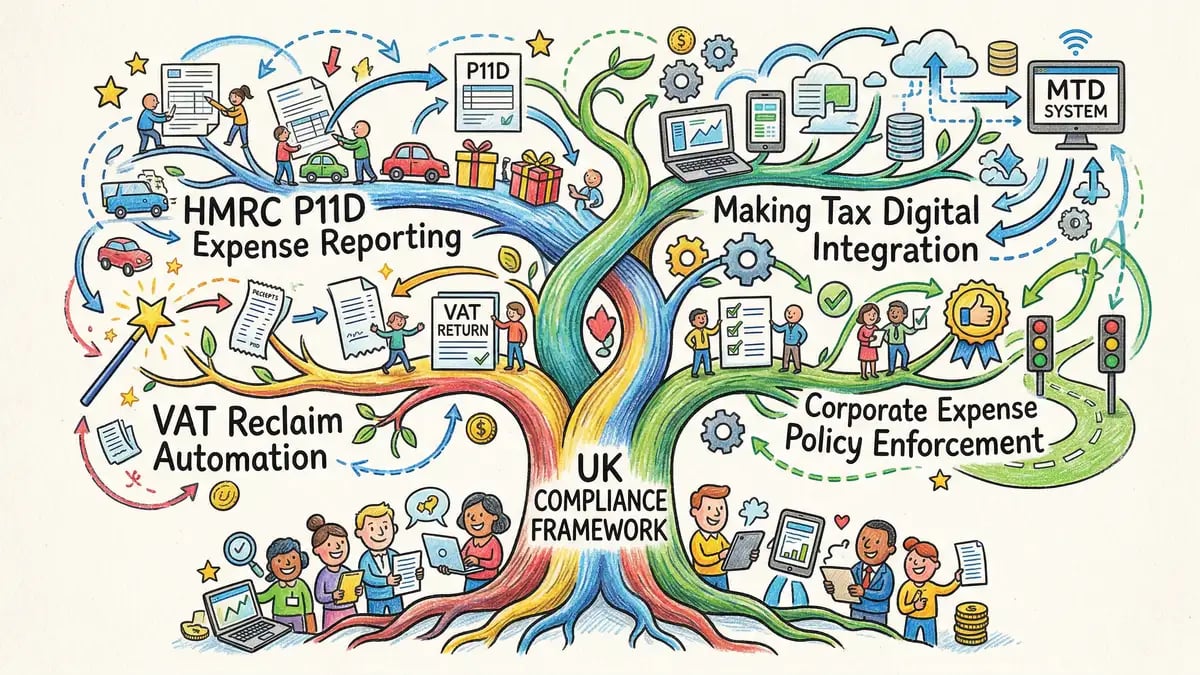 UK expense compliance framework showing HMRC P11D reporting, VAT reclaim, and Making Tax Digital integration