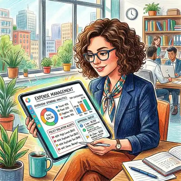 Employee using mobile app to photograph and submit expense receipt with AI-powered categorisation