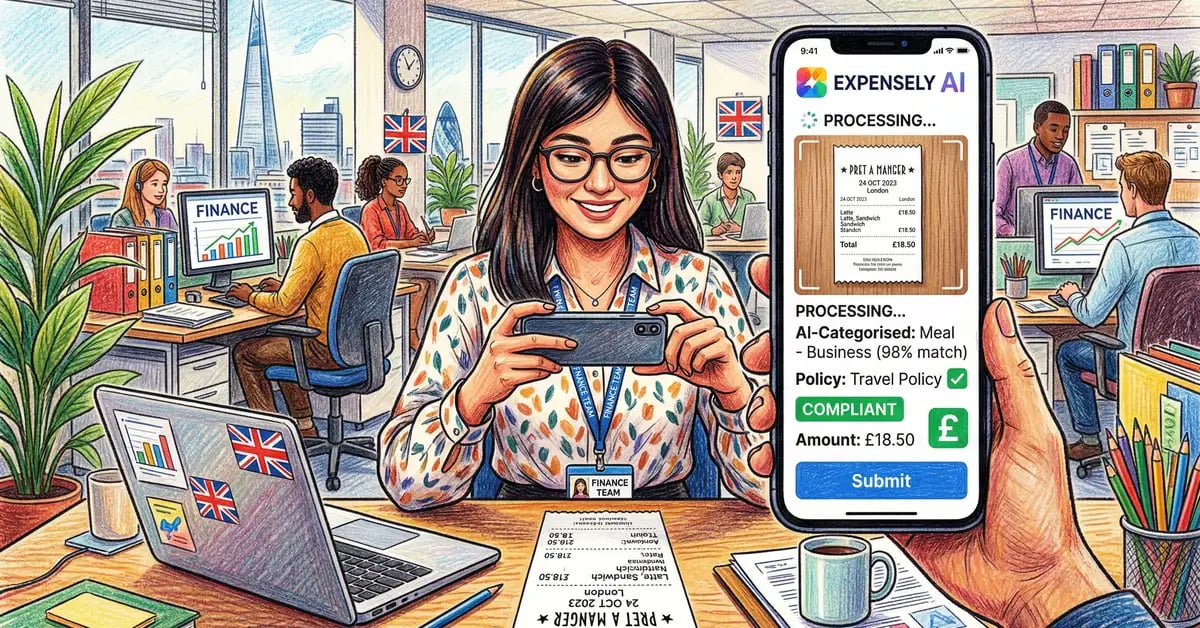 AI-powered expense management showing mobile receipt capture and automated categorisation