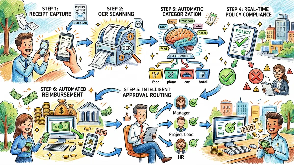 AI expense management workflow showing receipt capture, automatic categorisation, policy checking, and approval routing