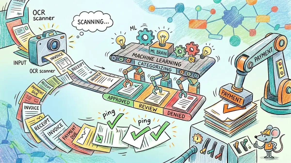 Financial documents flowing through an automated AI-powered digital pipeline with invoices being scanned and categorised