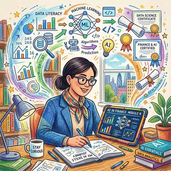 Finance professional studying AI skills on a tablet surrounded by data literacy and machine learning icons