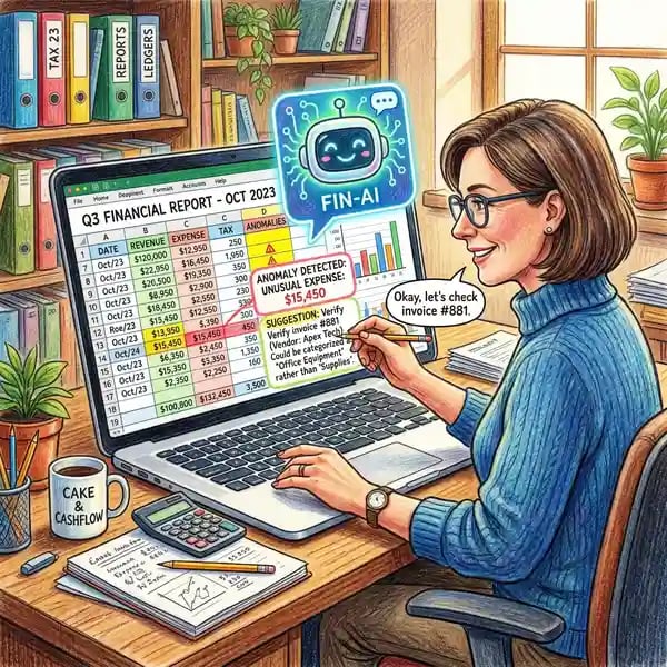 Accountant working alongside an AI assistant reviewing financial spreadsheets with highlighted anomalies