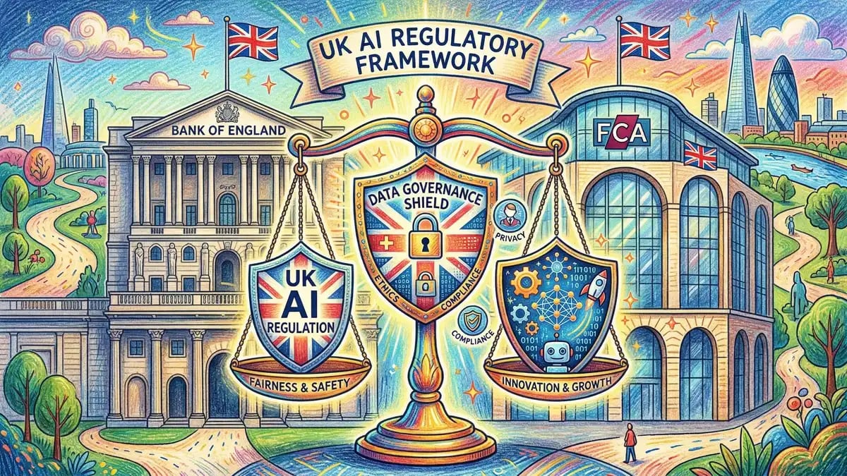 UK regulatory framework for AI in finance showing scales of justice balanced with technology symbols and data governance