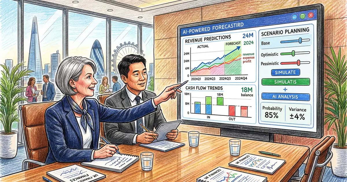 UK finance team reviewing AI-powered financial forecasting dashboard in boardroom