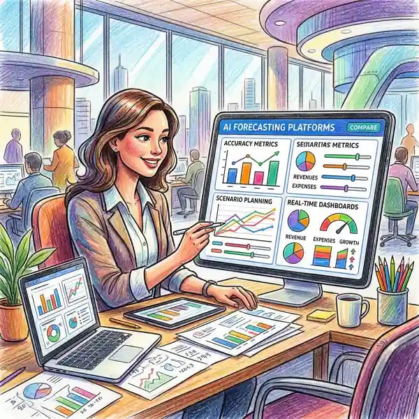 Finance team evaluating AI forecasting dashboard with real-time accuracy metrics