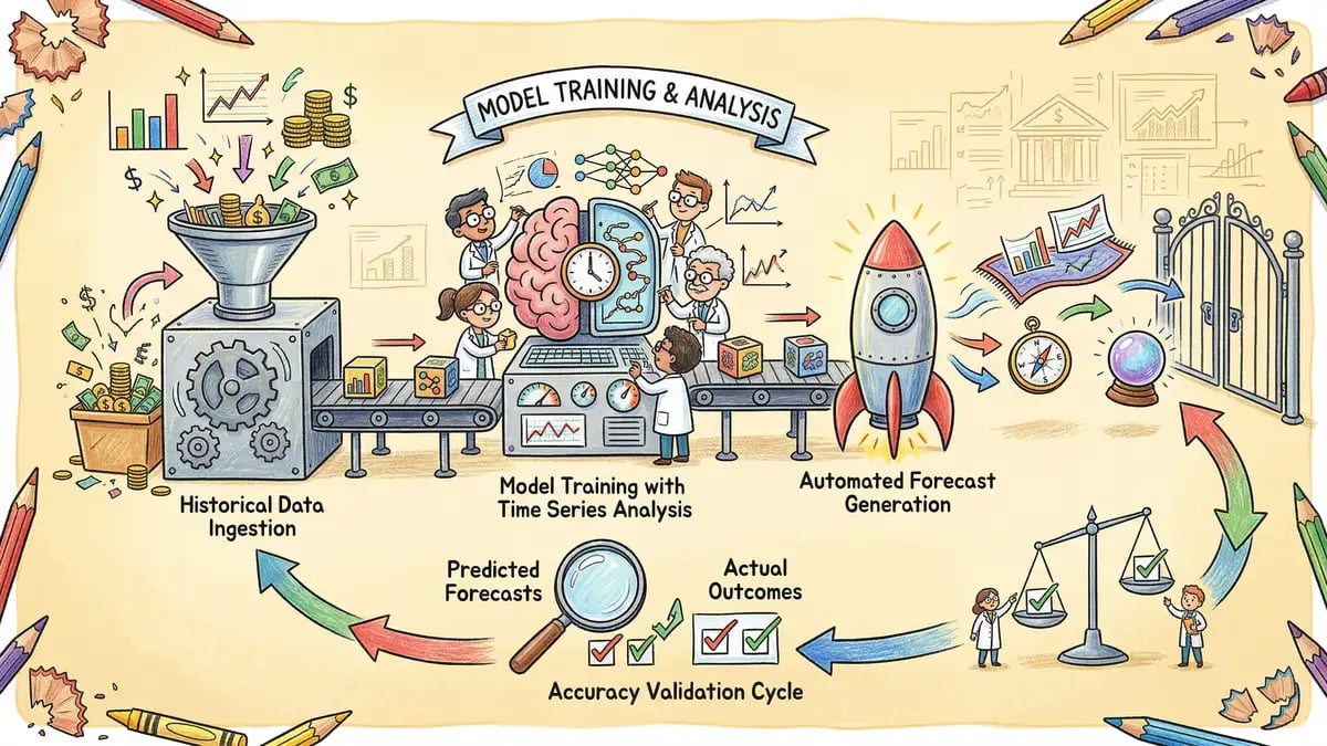 AI financial forecasting workflow showing data ingestion, machine learning model training, and automated forecast generation