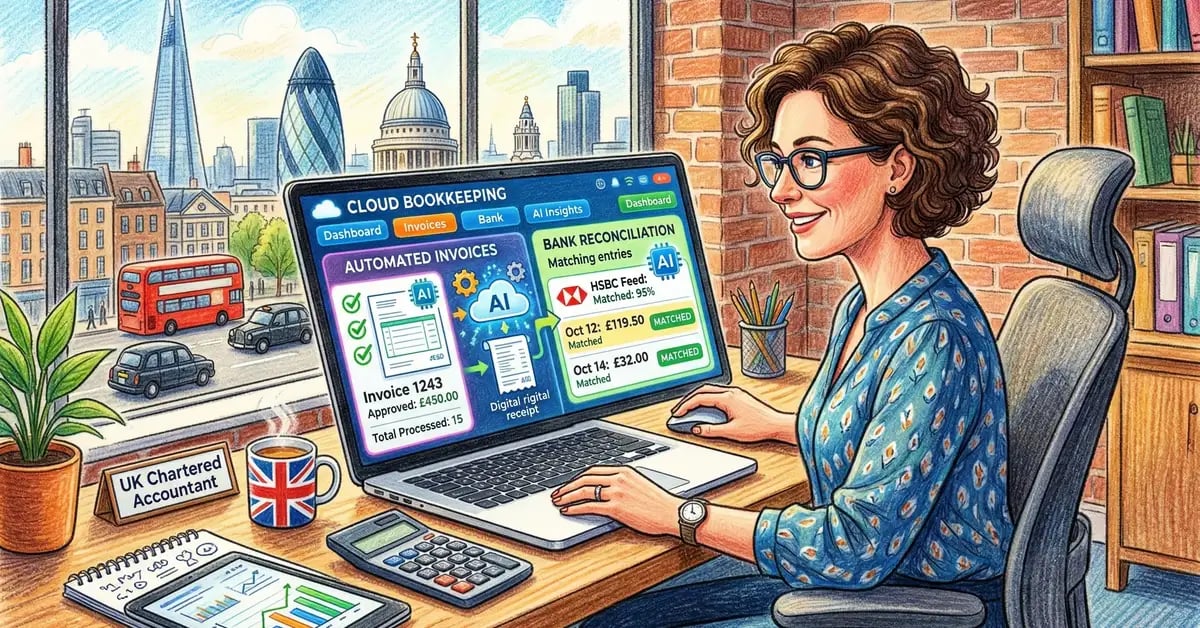 UK accountant using AI-powered cloud accounting software for automated invoice processing