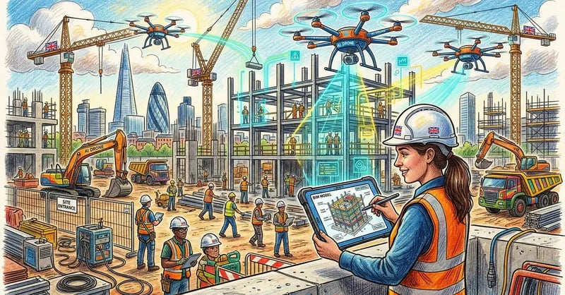AI for construction illustration showing UK building site with AI-powered drones and BIM models