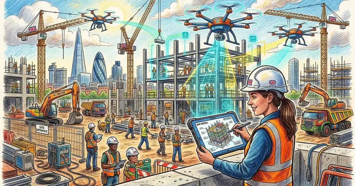 AI for construction illustration showing UK building site with AI-powered drones and BIM models