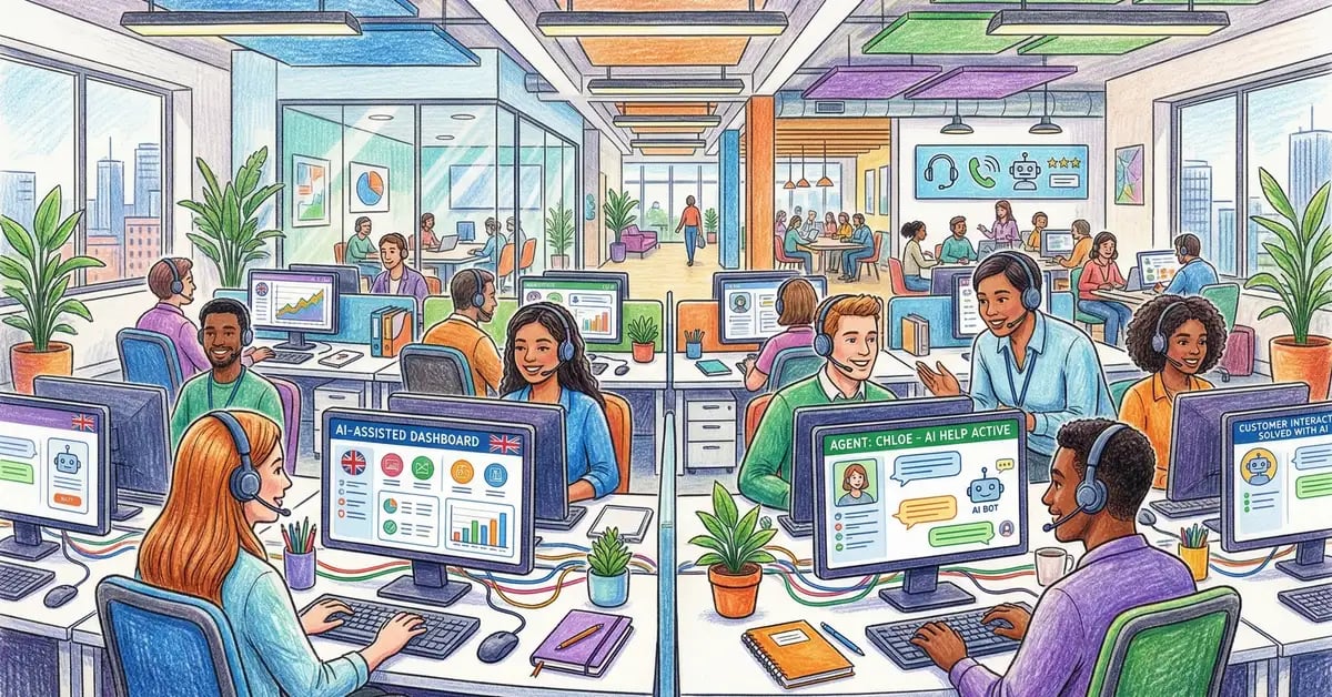 AI for customer service illustration showing modern UK contact centre with AI-assisted dashboards