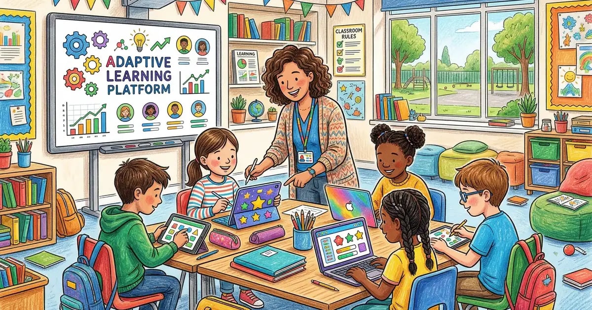 UK teacher using AI-powered adaptive learning platform in modern classroom