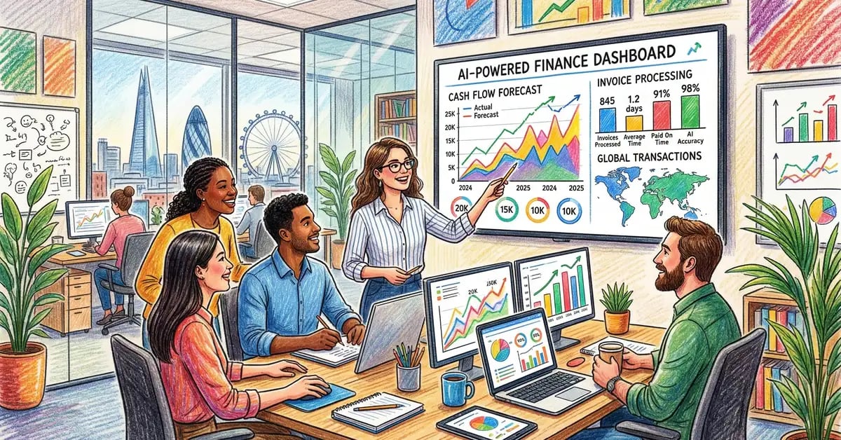 AI-powered financial dashboard showing automated accounting workflows and data analysis for UK businesses