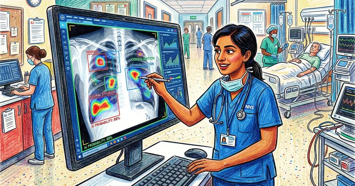 NHS doctor reviewing AI diagnostic imaging results on medical display