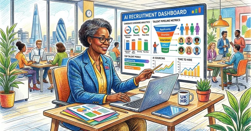 UK HR director reviewing AI recruitment dashboard showing candidate screening analytics and talent pipeline metrics