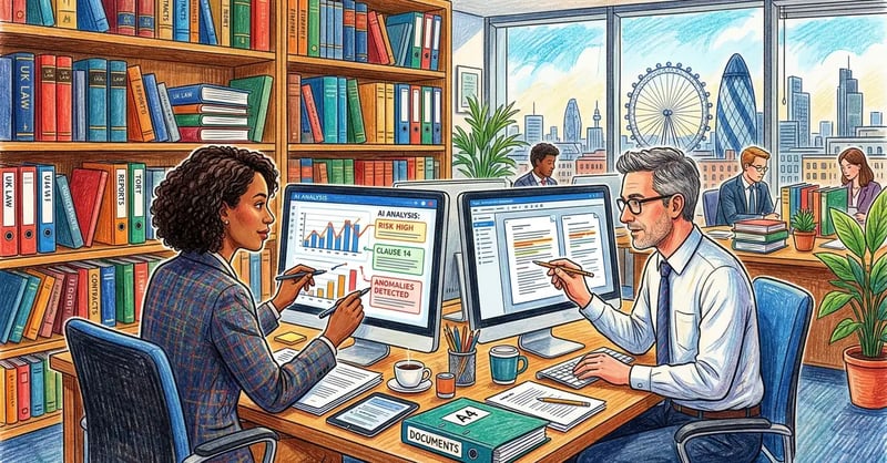 AI for law firms illustration showing UK legal professionals using AI-assisted document analysis