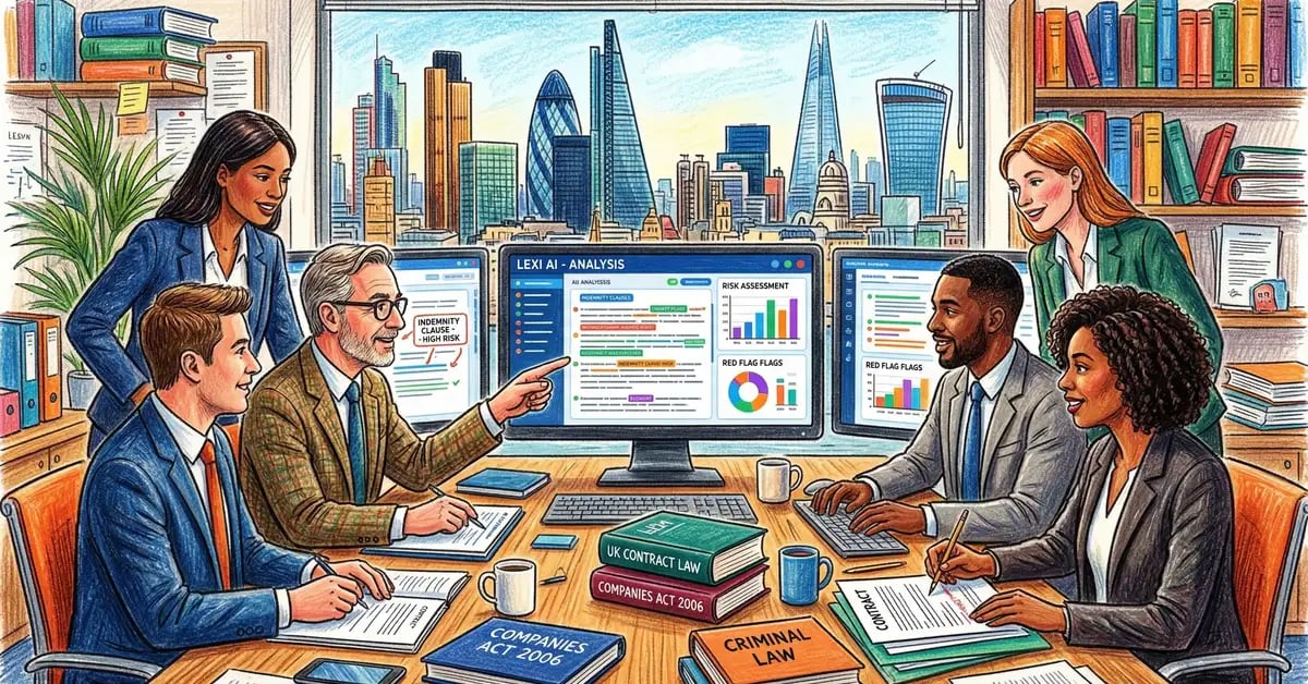 UK law firm partners reviewing AI-powered contract analysis on screens in a modern London office
