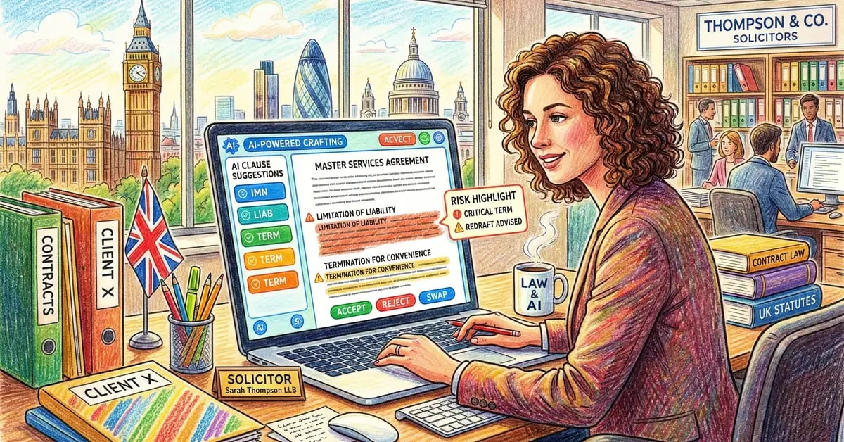 AI for legal drafting illustration showing UK solicitor using AI contract drafting tools