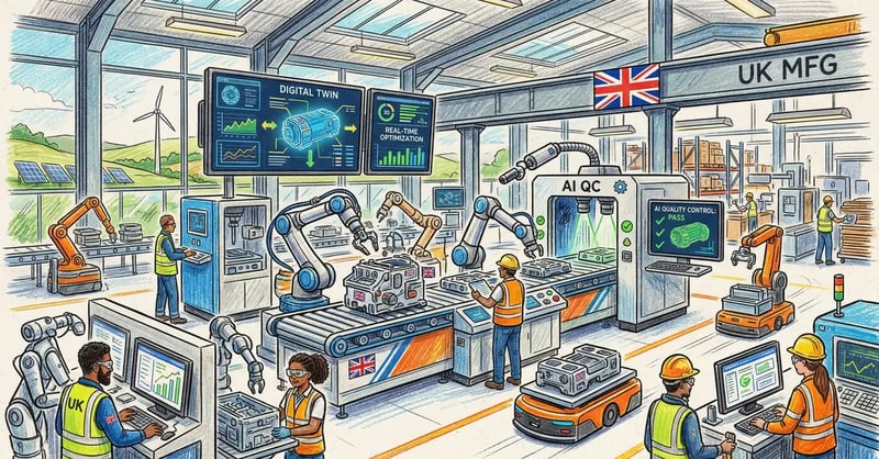 AI for manufacturing illustration showing UK factory with AI-powered quality control