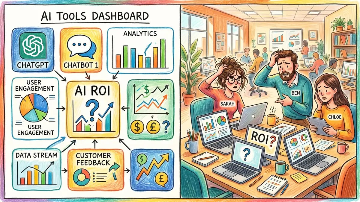 Illustration of marketing dashboard showing multiple disconnected AI tools and unclear ROI measurement challenges