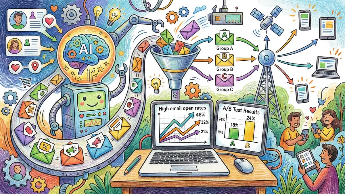 AI-powered email marketing workflow showing personalised messages and performance analytics