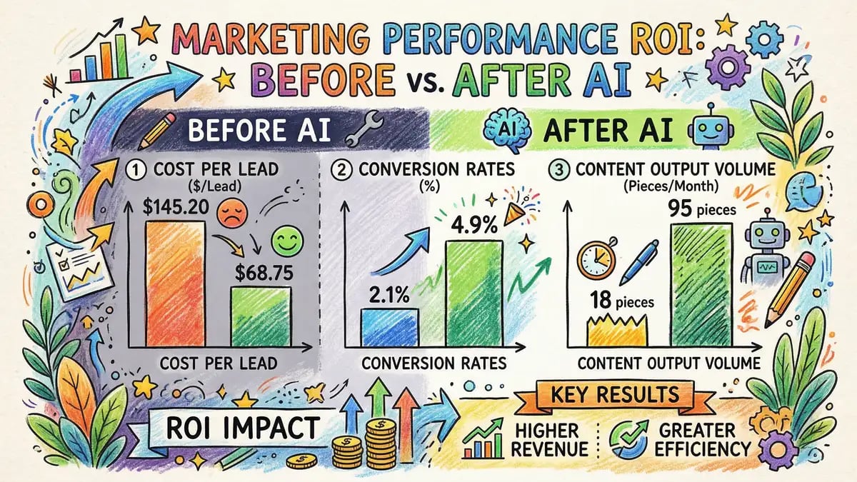 ROI dashboard showing marketing performance metrics before and after AI implementation
