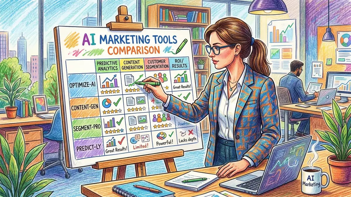 Business professional evaluating AI marketing tools on a comparison chart