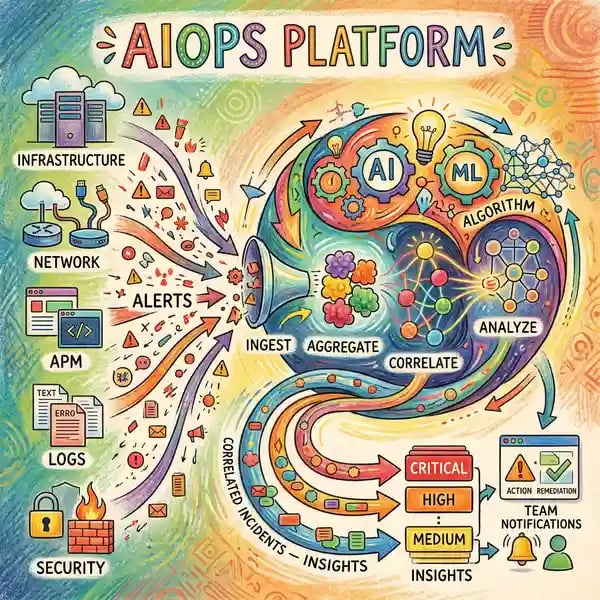 AIOps platform architecture showing alert aggregation and correlation