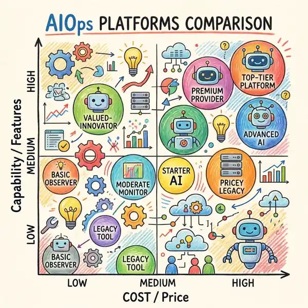 Comparison matrix of AIOps platforms by capability and cost