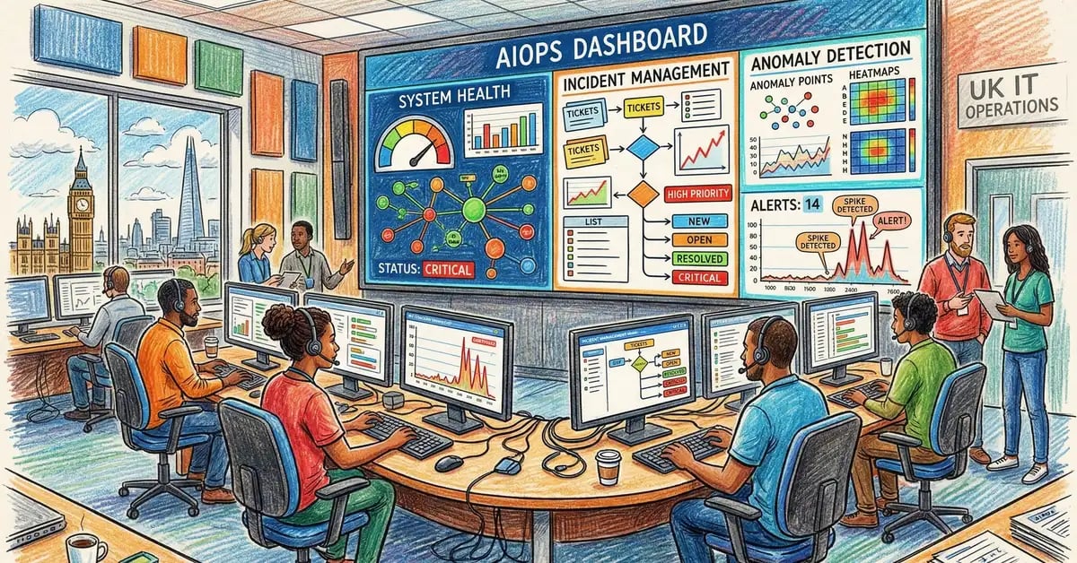 AI for operations illustration showing UK IT operations centre with AIOps dashboards